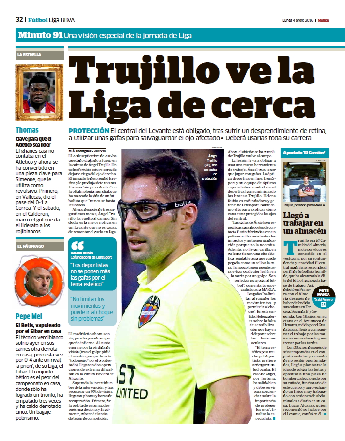 Noticia en Marca de Ángel Trujillo con gafas de proteccion LensSport